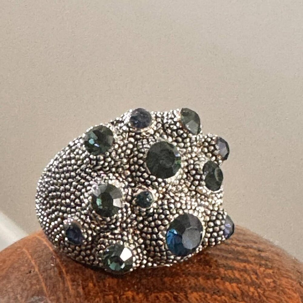 Vintage Custom Silver Tone Textured Statement Ring with Blue Stones - Size 7 - Picture 5 of 7